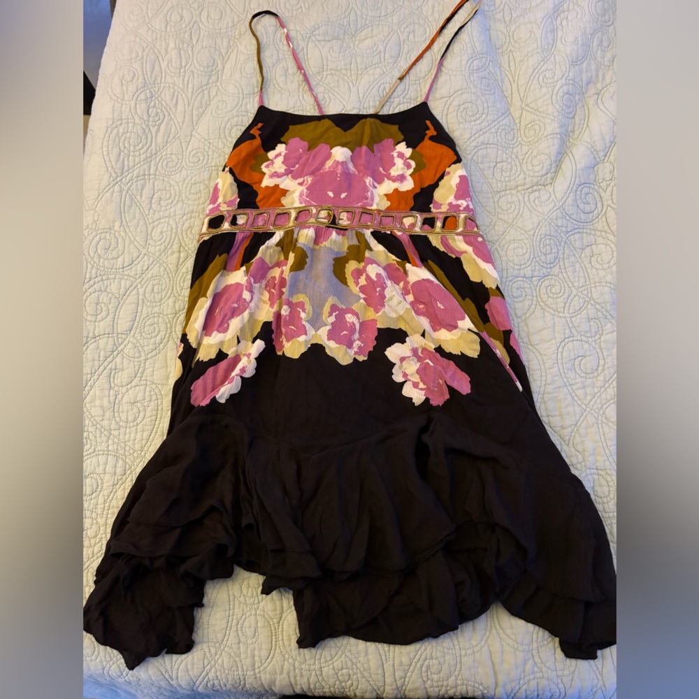 Free People Black Dress with Pink and Tan Floral Design